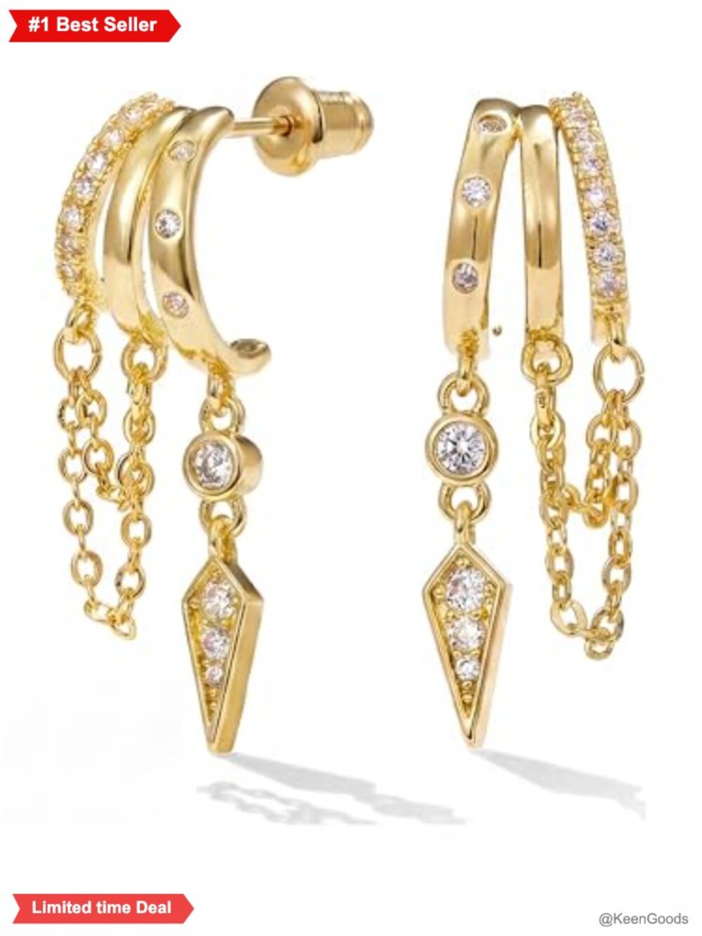 14K Gold Illusion Stud Dangle Earrings for Women Trendy Brass Cubic Zirconia